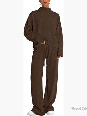 Large Ribbed Knit Lounge Set Mock Neck Top Wide Leg Pants Travel Outfit